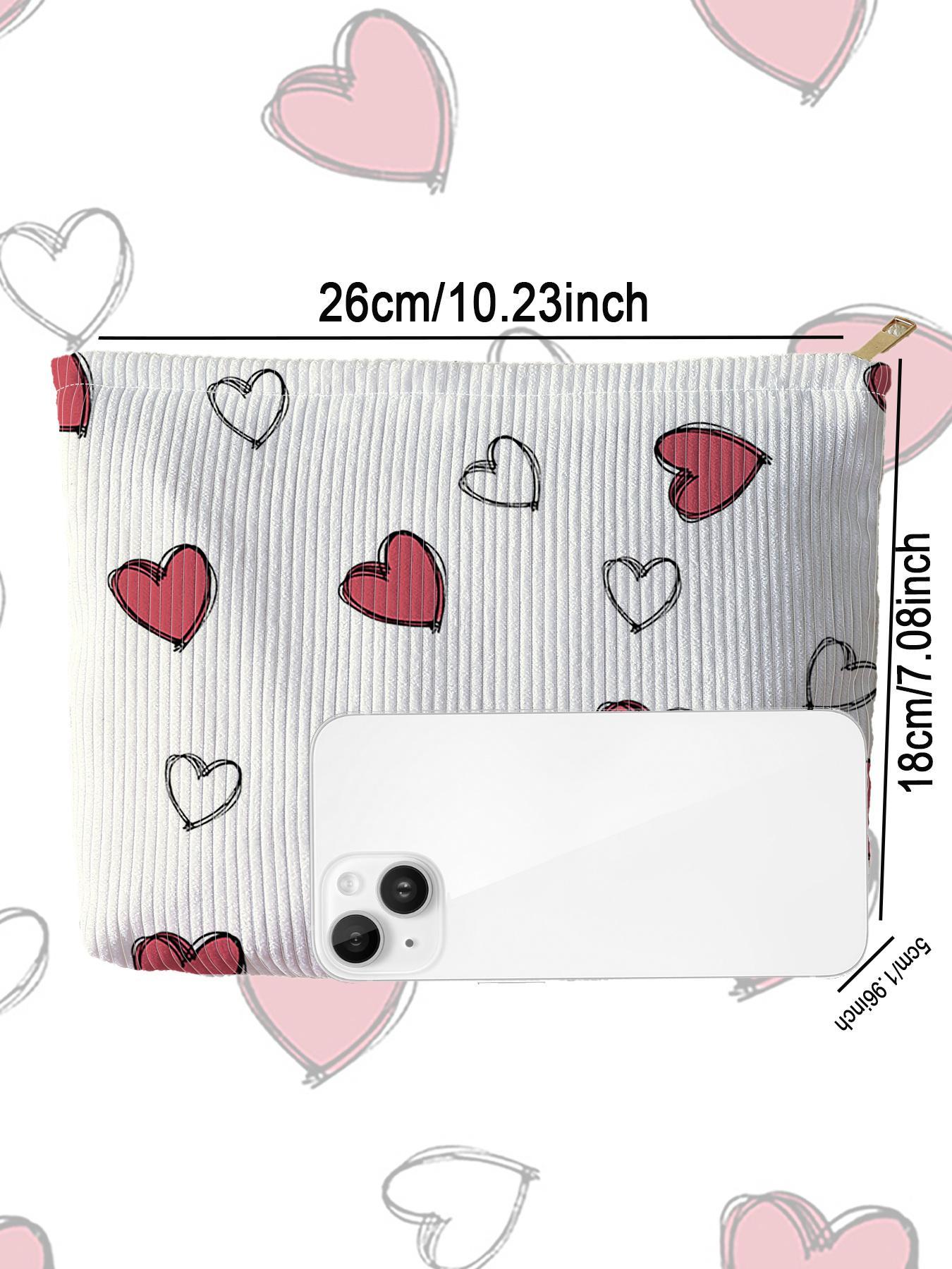 Cute Heart Pattern Makeup Bag, Multifunctional Large Capacity Cosmetic Storage Bag, Cosmetic Pouch, Handheld Cosmetic Pouch, Casual Versatile Zipper Corduroy Makeup Bag for Travel & Daily Use, Valentine's Day, Gift