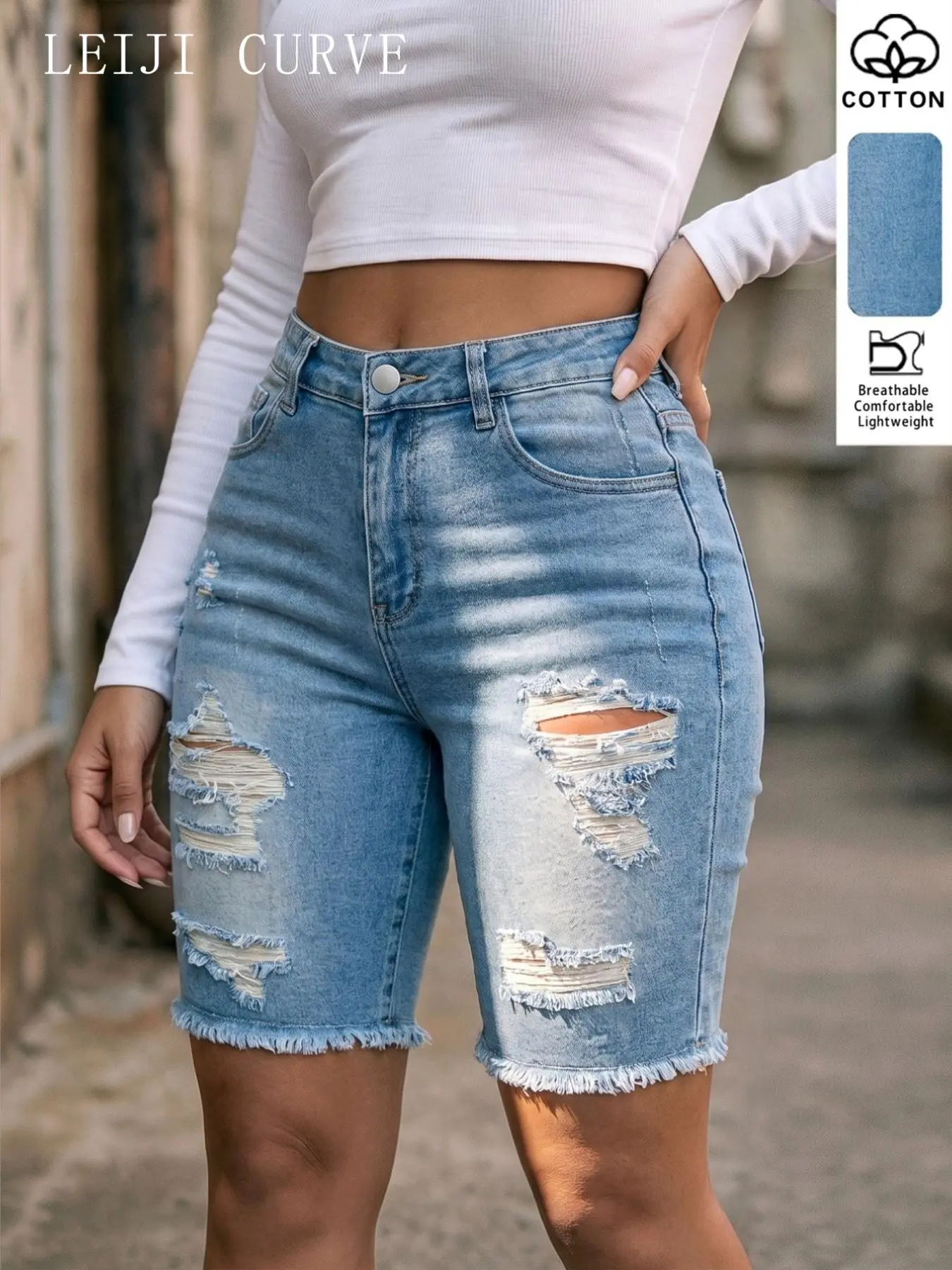 Summer New Plus Size High-Waisted Elastic Ripped Light Wash Denim Shorts, Bottoms, American Street Style, Casual Daily Wear, Mid Waist, Slim-Fitting