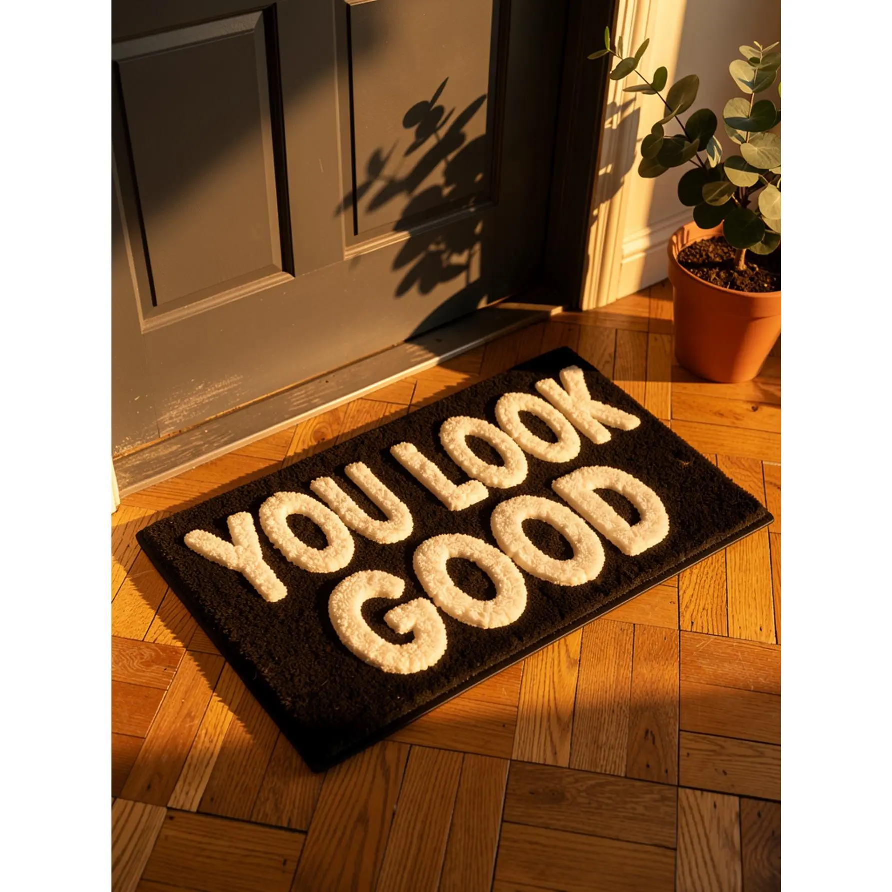 Funny "YOU LOOK GOOD" Flannel Bath Mat, Soft Absorbent Black White Doormat, Indoor Outdoor Rug for Bathroom Bedroom Kitchen