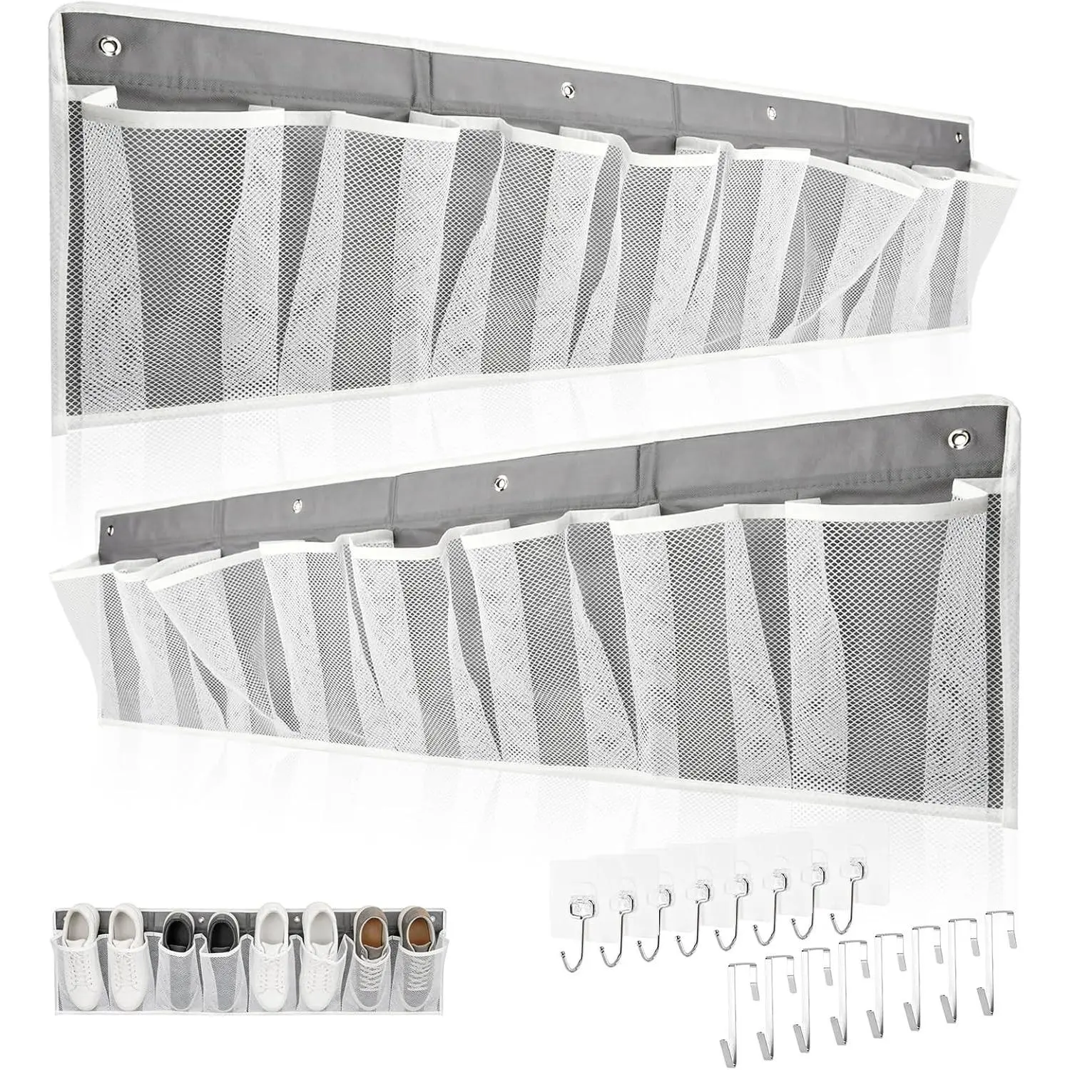 2 PCS RV Shoe Storage Organizer with 16 Pockets, Wall Hanging Pocket Organizer for Camper Bedside Closet Entryway, Space Saving, Includes 8 Hooks & 8 Adhesive Pads