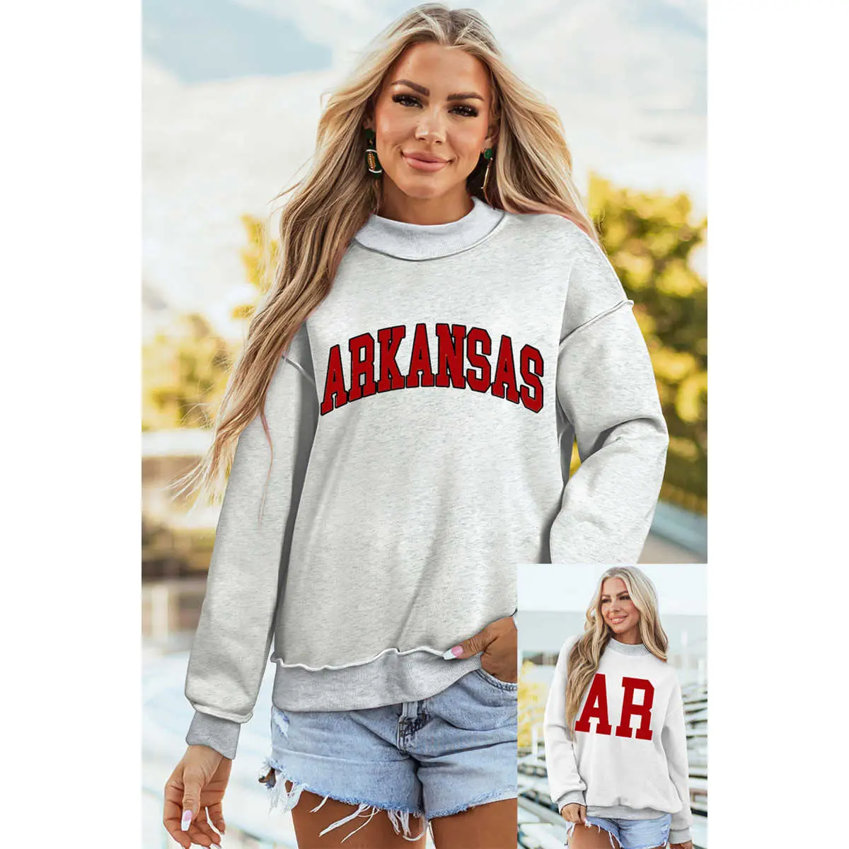 Light Grey ARKANSAS/AR Double Side Print Mock Neck Reversible Sweatshirt Fabric Fleece