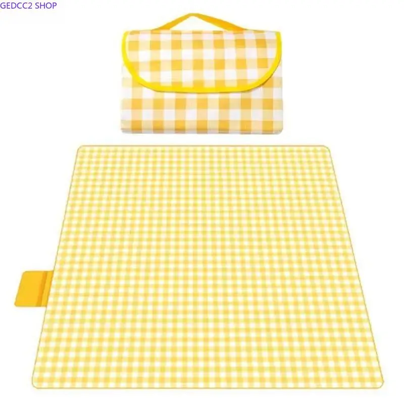 Yellow Gingham Portable Picnic Blanket, Foldable Waterproof Outdoor Beach Mat With Carry Handle Bag, Lightweight Compact Picnic Rug for Beach Park Camping Lawn Family Summer Vacation