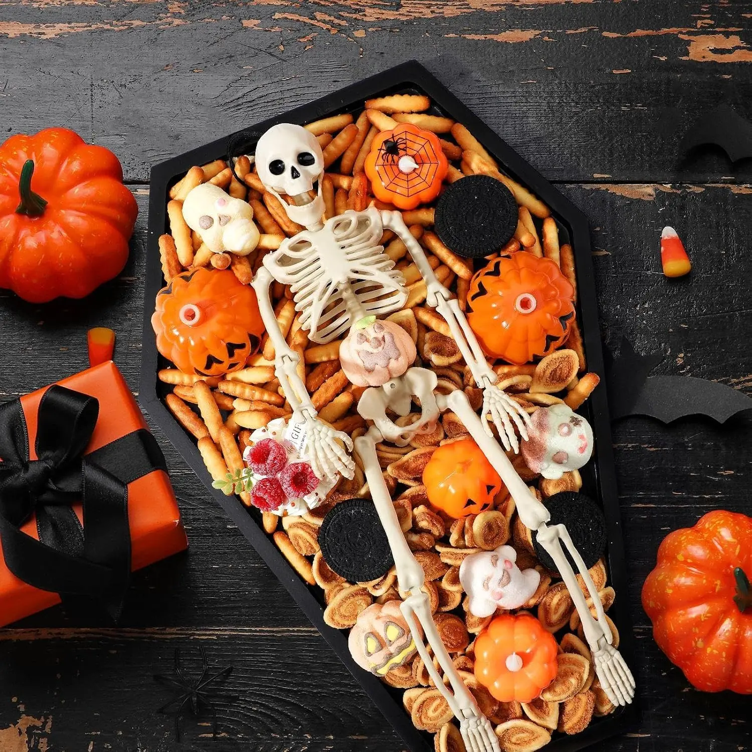 Halloween Coffin Charcuterie with Skeleton Stand Large  Charcuterie Board Coffin Tray Spooky Gothic  Decor Dessert Tray for Halloween Party Accessories(Large Size,Black)