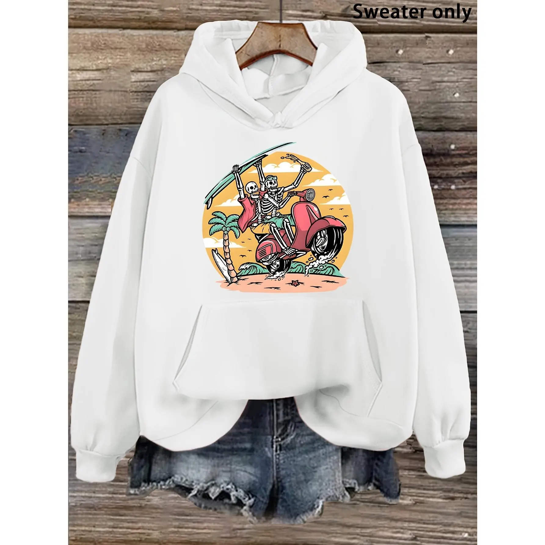 Women's Y2K Aesthetic Hoodie, Fun Skeleton Surfers On Moped Beach Print Long Sleeve Hooded Sweatshirt, Loose Fit Pullover for Streetwear