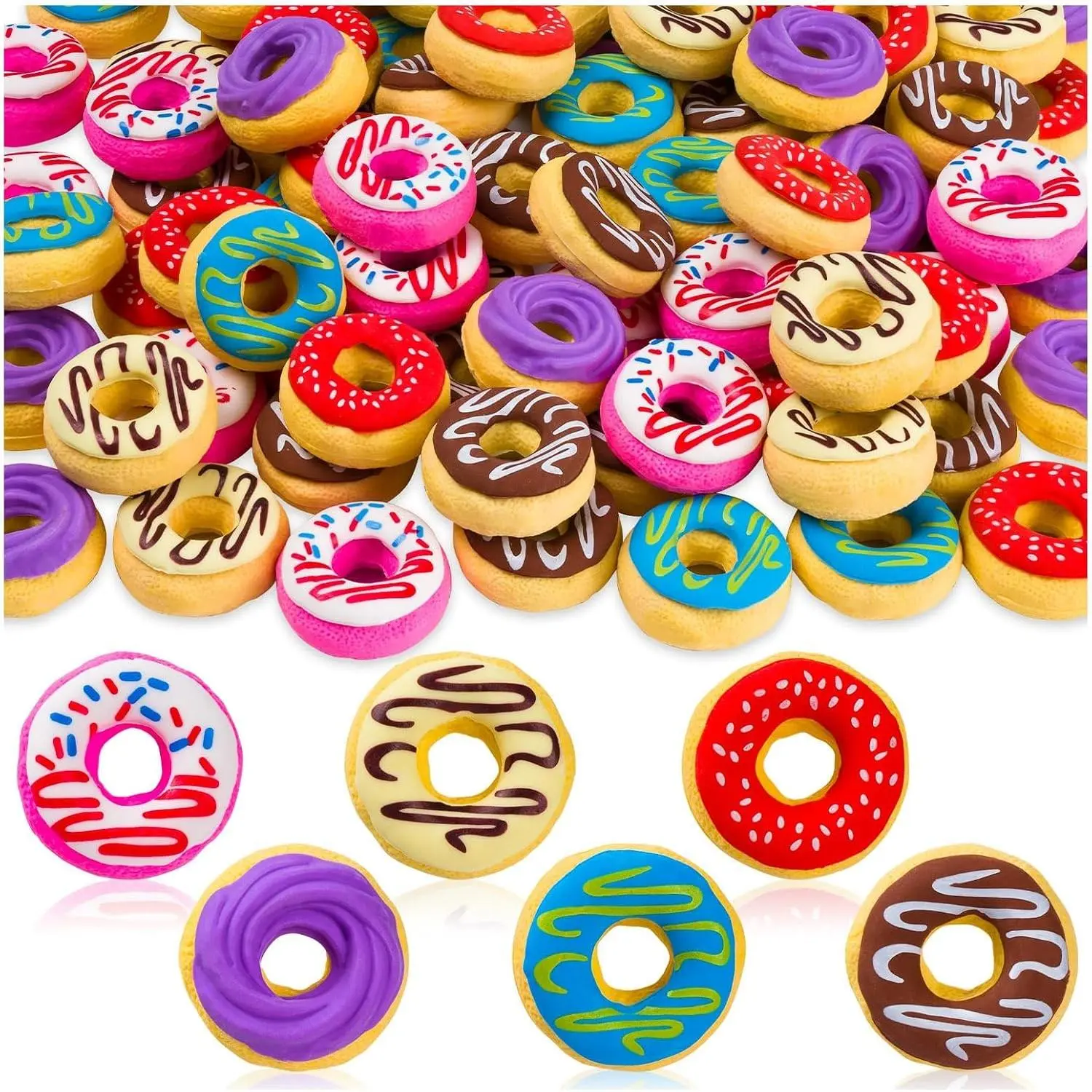 100 Pieces 3D Cute Donut Mini Erasers, Lovely Food Shaped Small Stationery Erasers for Daily Use
