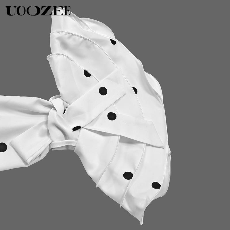 UOOZEE Women's Autumn Fashion Polka-Dot Lapel Blouses, Flared Sleeves Falbala Polka-Dot Lapel Collar Shirts Tops, Elegant White Chic Button Front Ruffle Collared