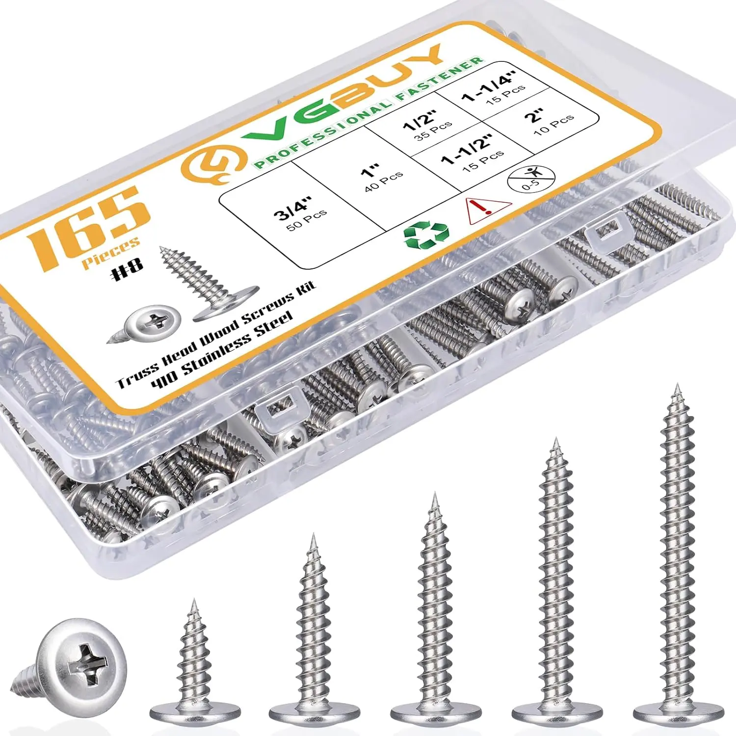 165 count #8  Truss   Screws  Kit, Stainless Steel 410 Quick Metal Self Tapping Screws, 6 Sizes (1/2", 3/4", 1", 1-1/4", 1-1/2", 2")