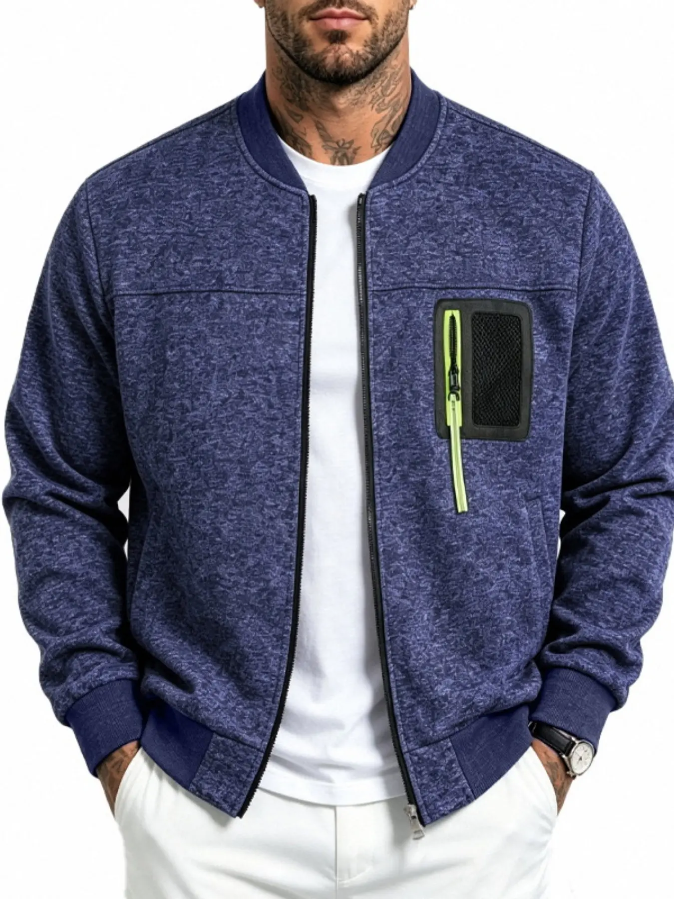Men's Loose Fit Casual Outdoor Fleece Lined Stand Collar Sports Baseball Jacket, Warm Pullover Coat for Fall & Winter, Casual Pocket Outerwear