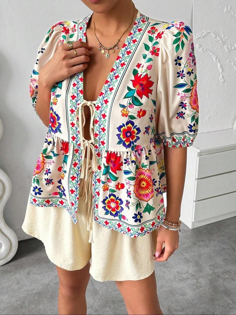 Women's Floral Print Tie Front Blouse, Boho Casual Fashionable Top for Daily Holiday Vacation Wear, Women Clothing for Summer, Lady, Womenswear, Casual Shirts