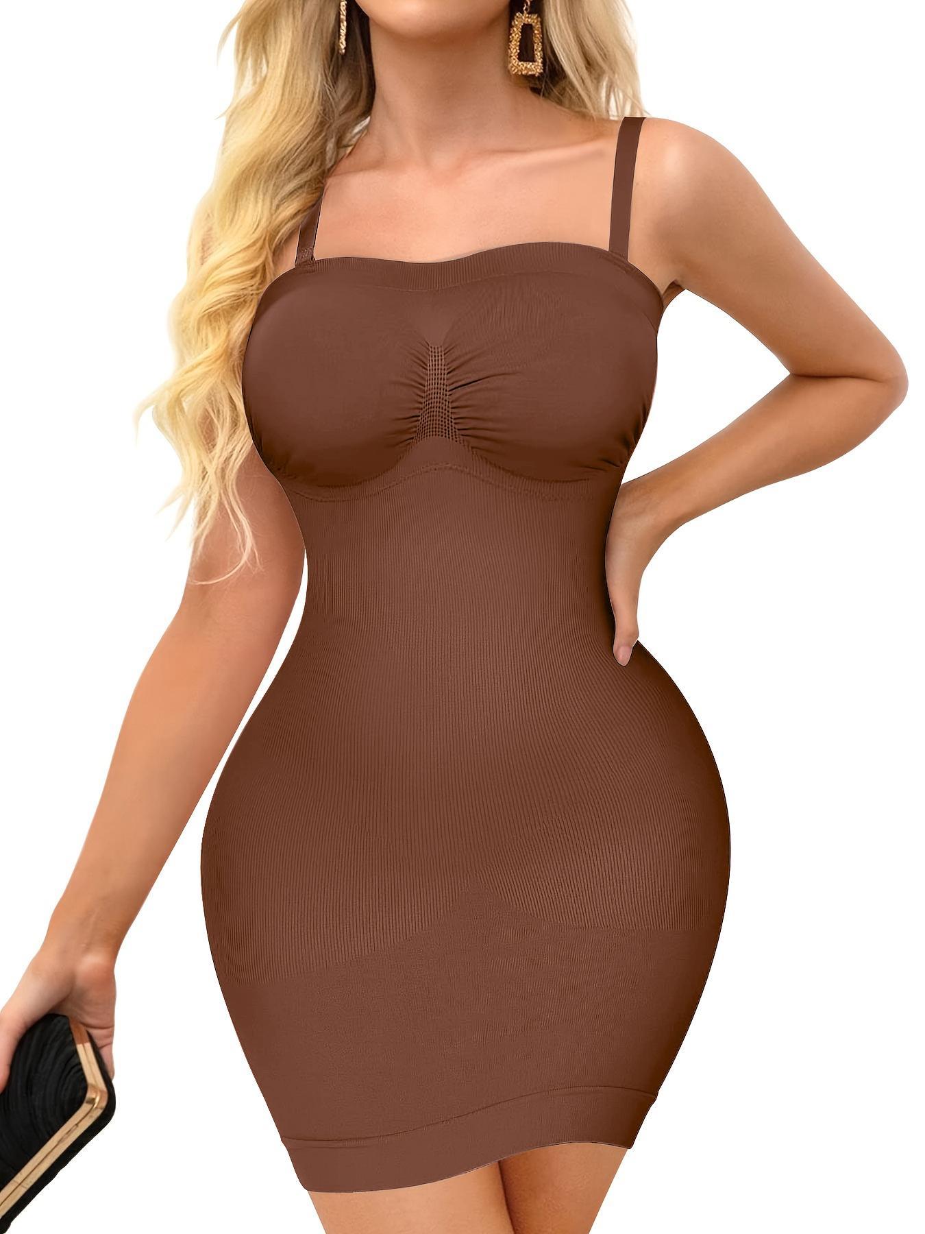Women's Plain Casual Shapewear Dress With 1 Pair Detachable Straps, High Stretch Seamless Camisole Dress, Tummy Control Slimming Bodyshaper, Women's Underwear & Shapewear