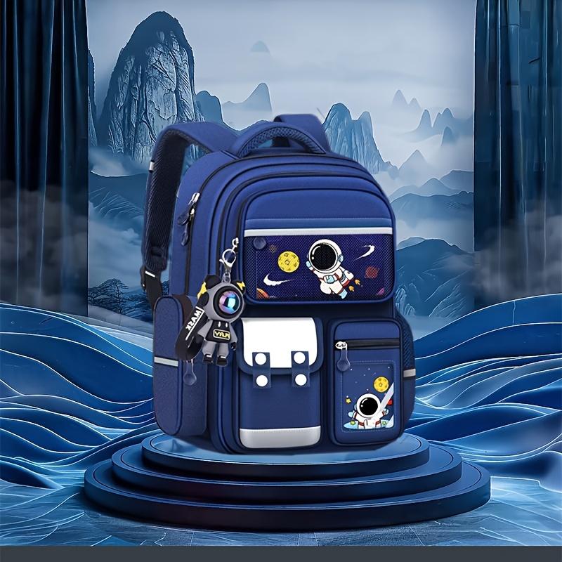 Cartoon Astronaut Backpack - Large Capacity, Adjustable Straps, Tablet Pocket, Ideal School & Commuting, Navy Blue with Colorful Space Design, Backpack School
