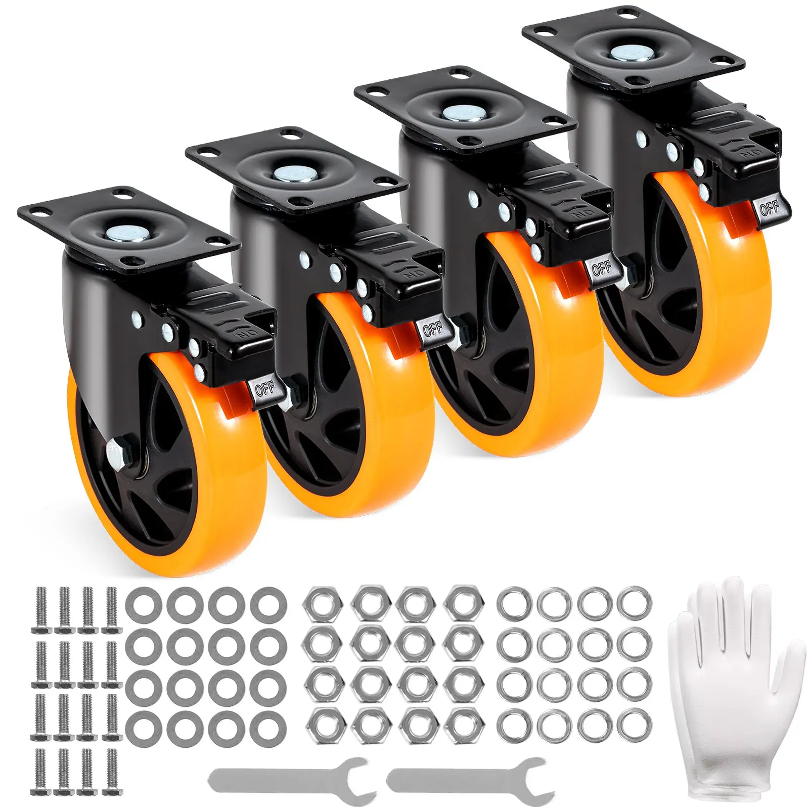 【toolupgrade】VEVOR 5-in Locking Caster Wheels, 4-Piece Swivel Plate Set with A/B Security Lock, No-Noise Non-Marking PVC Wheels, Heavy Duty 450 lbs Load Capacity Per Caster, for Cart, Workbench Furniture
