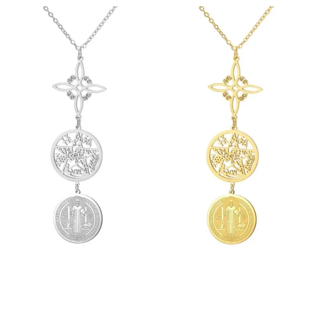 Triple Protection Amulets Necklaces for Women Witch Knot Pentagram Tetragrammaton St. Benedict Stainless Steel Jewerly Gift