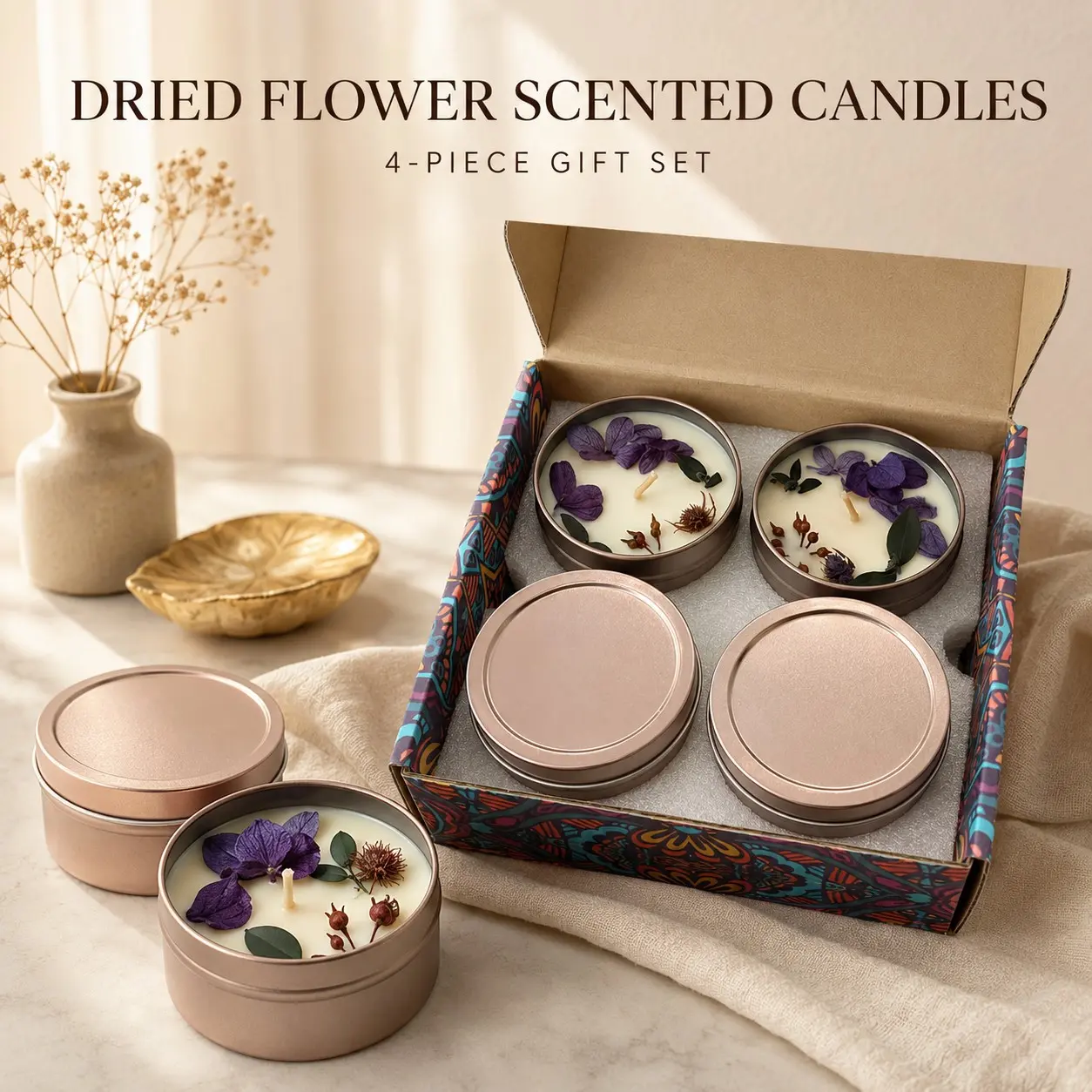Four-Piece Iron Box Dried Flower Scented Candle Gift Set, Long-Lasting Soy Wax, Creative Holiday Gifts, Ideal for Women and Friends