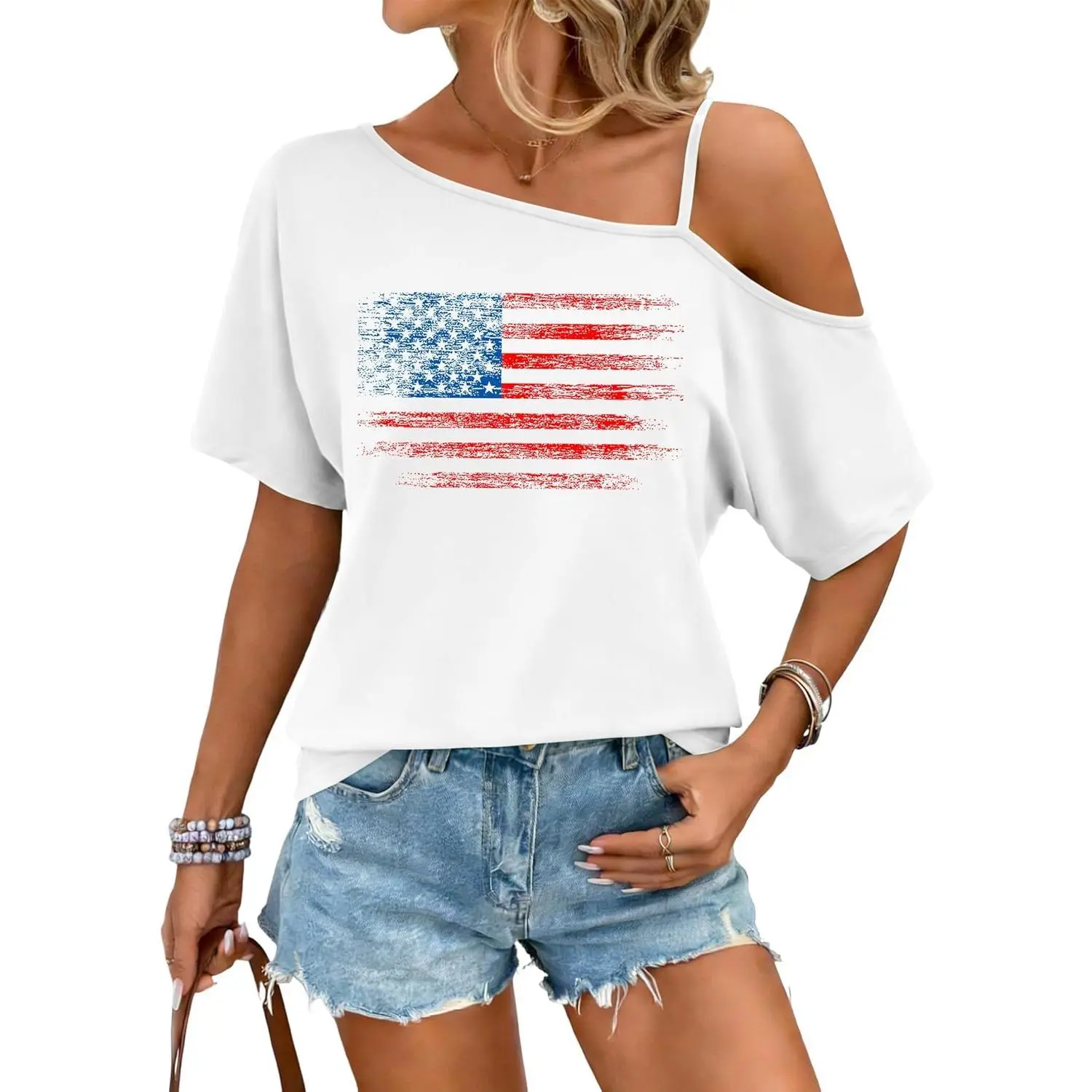 4th of July Shirts Women USA Patriotic Off Shoulder T Shirt American Flag Spaghetti Strap Tees Loose Fit Tops
