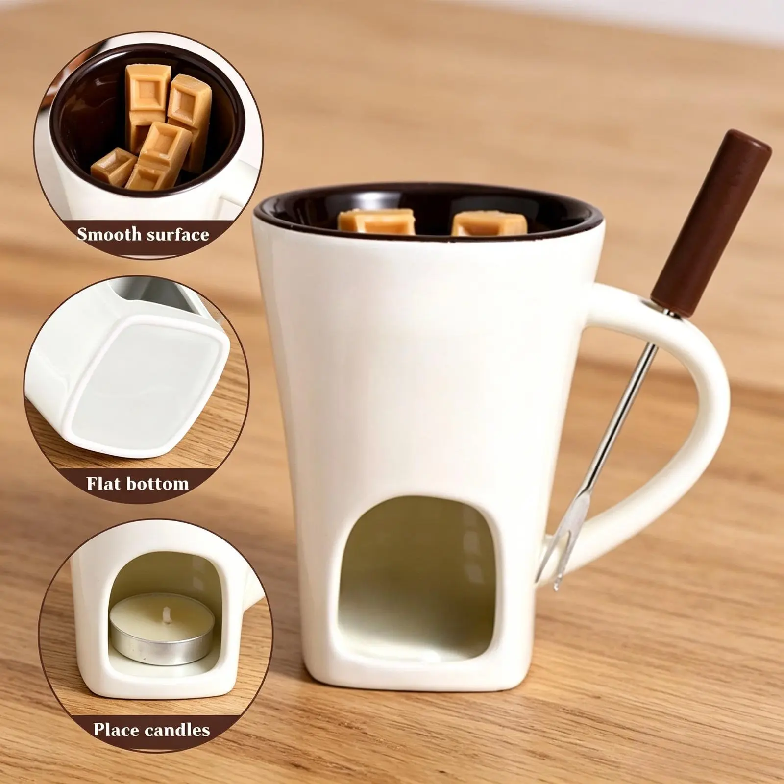 Mini Chocolate Fondue Mug Set with Melting Cups & Dipping Forks, No Tealight Required Portable Fondue Kit, Ideal Gift for Date Night, Birthday and Wedding, White Color