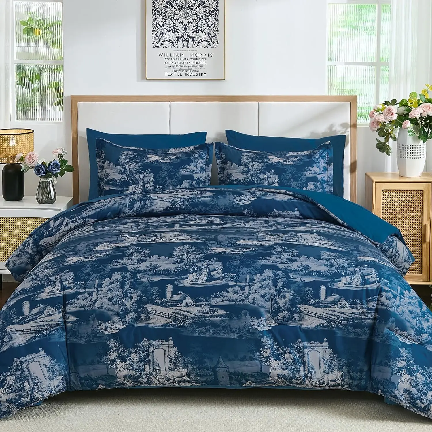 Navy Blue Comforter Set King, 7 Pieces Bed in a Bag Farmhouse Comforter with Sheets, French Toile Bedding Set, Soft Lightweight Microfiber Botanical Print Complete Bed Set for All Season