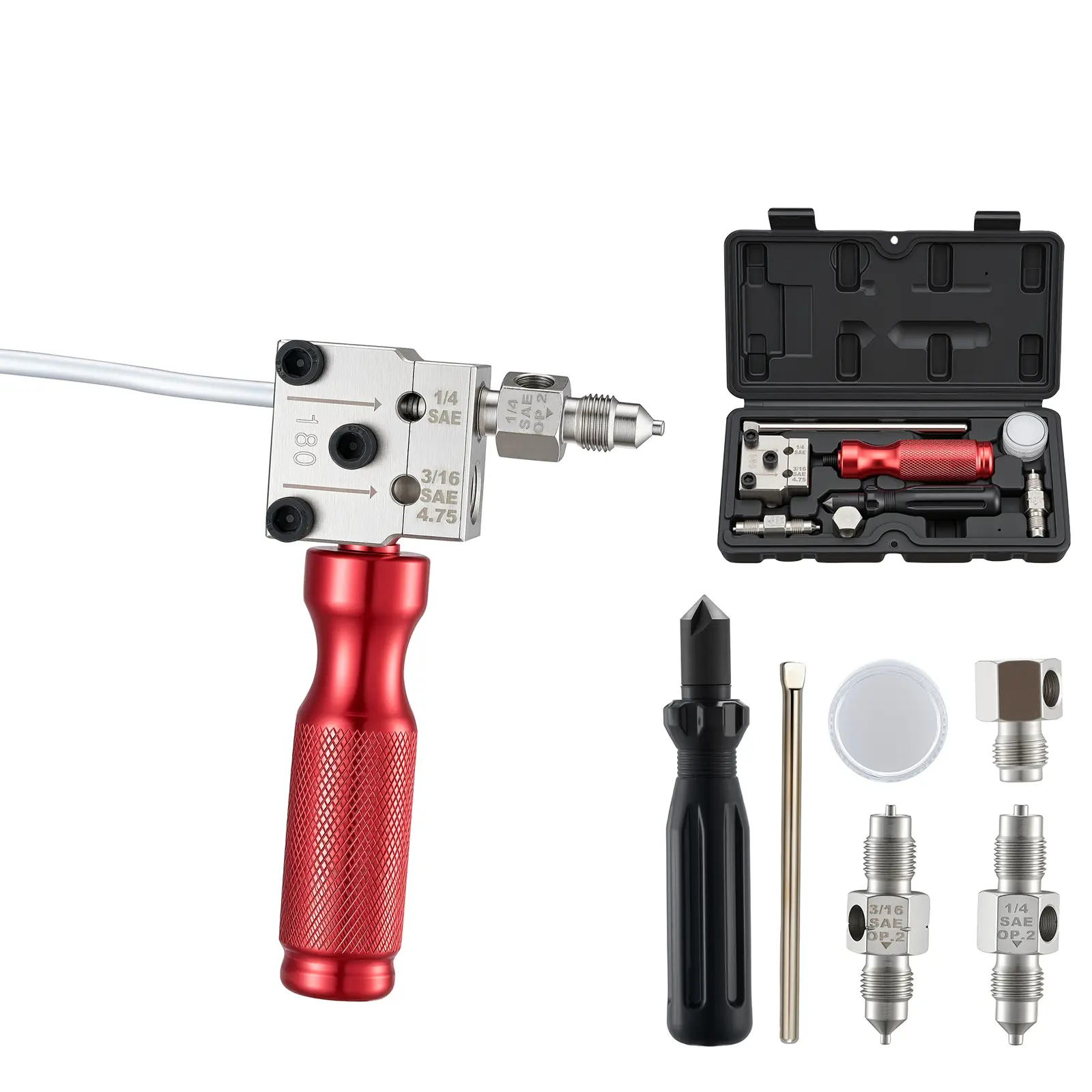 Brake Line Flaring Tool Kit, 45° Single & Double Flare Tool for 3/16", 1/4" Copper Tubing - with 2 Forming Dies, Deburring Tool & Toolbox for Automotive Brake Hydraulic Line Repair