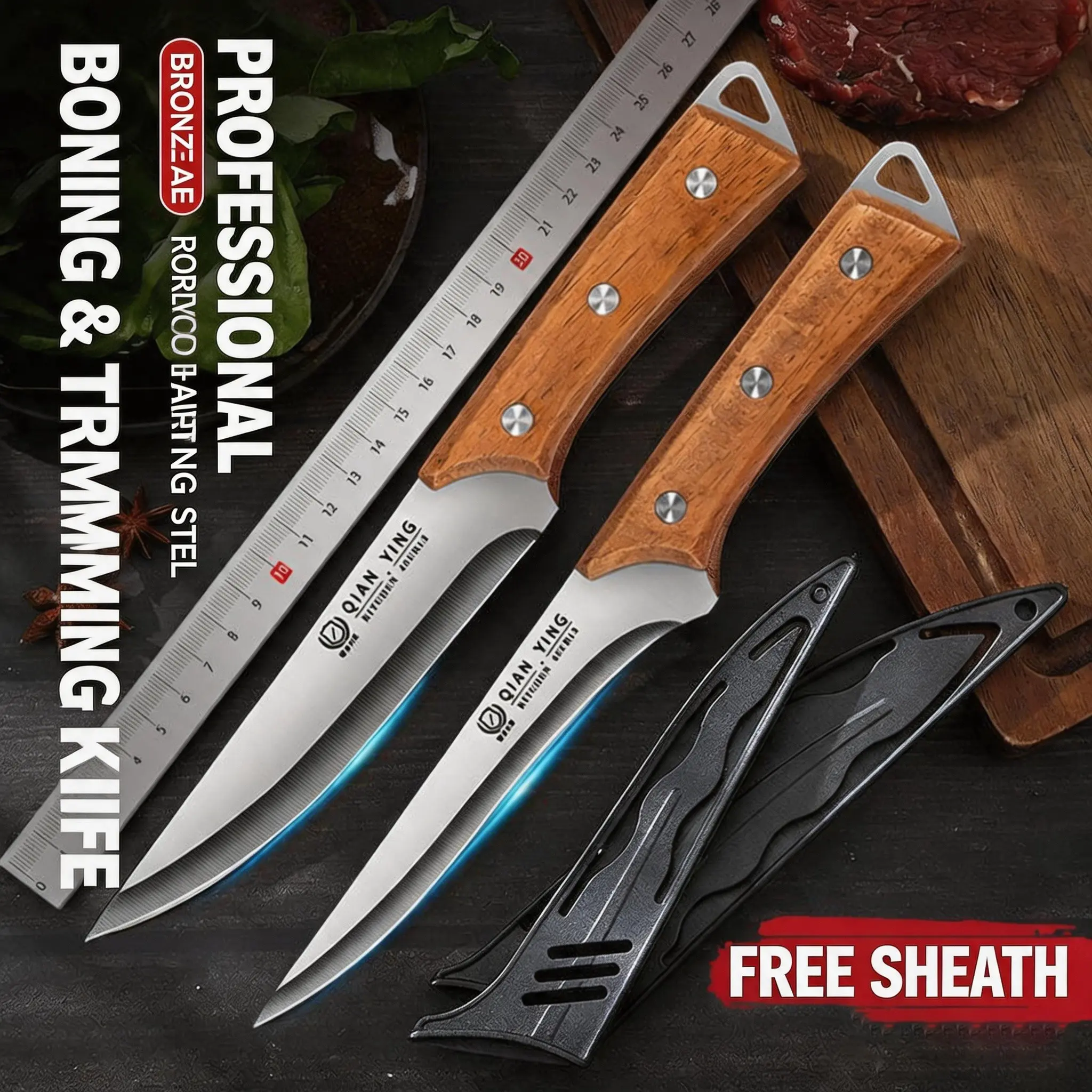 Kitchen Knife Set, Stainless Steel Sharp Meat Cutter, Wooden Handle, Professional Food Processing Knives, Includes Knife Sheath