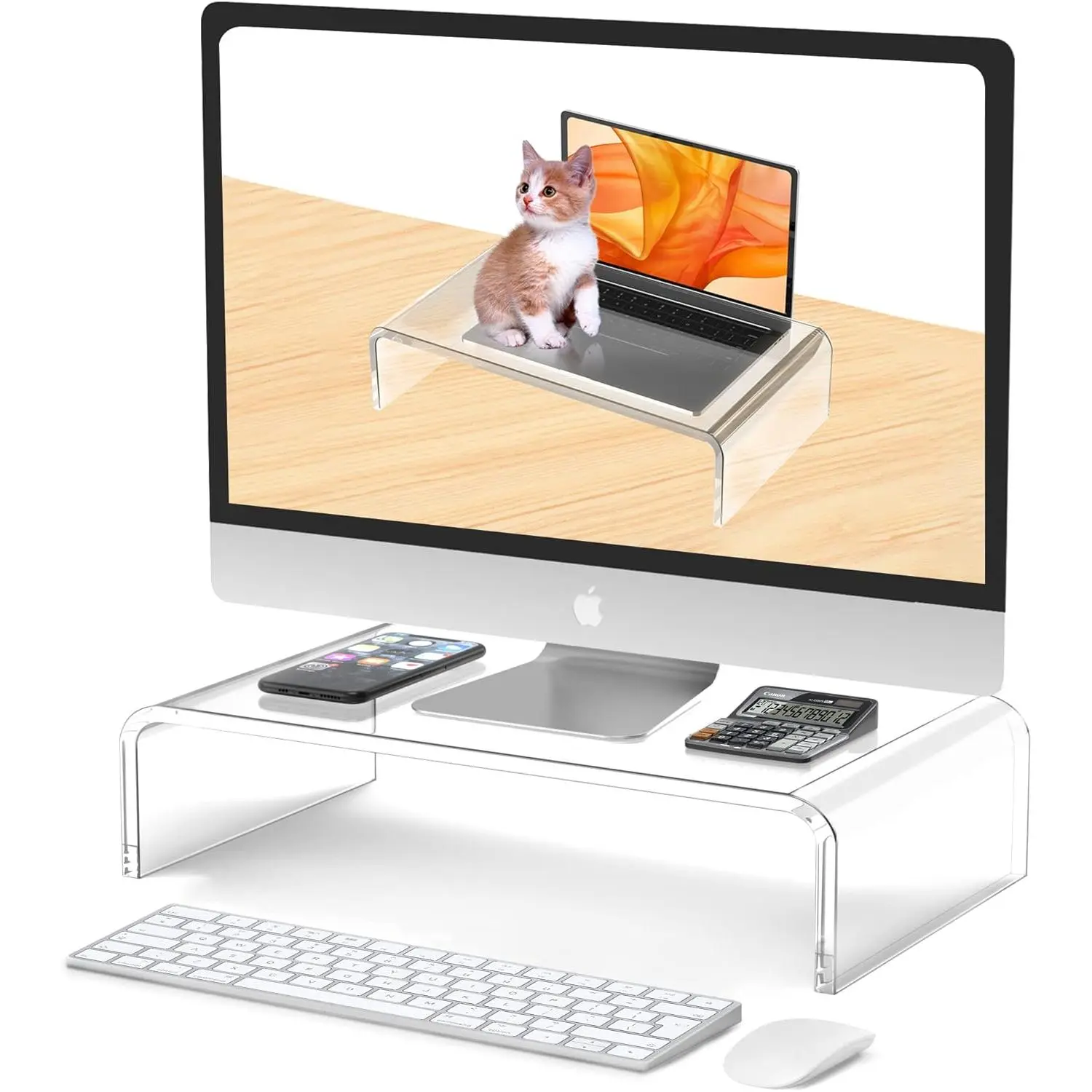 Clear Acrylic Monitor Stand Riser 14''x7.5''x4'' for Laptop Computer Desk Accessories White Aesthetic Decor for Office Home iMac Organizer