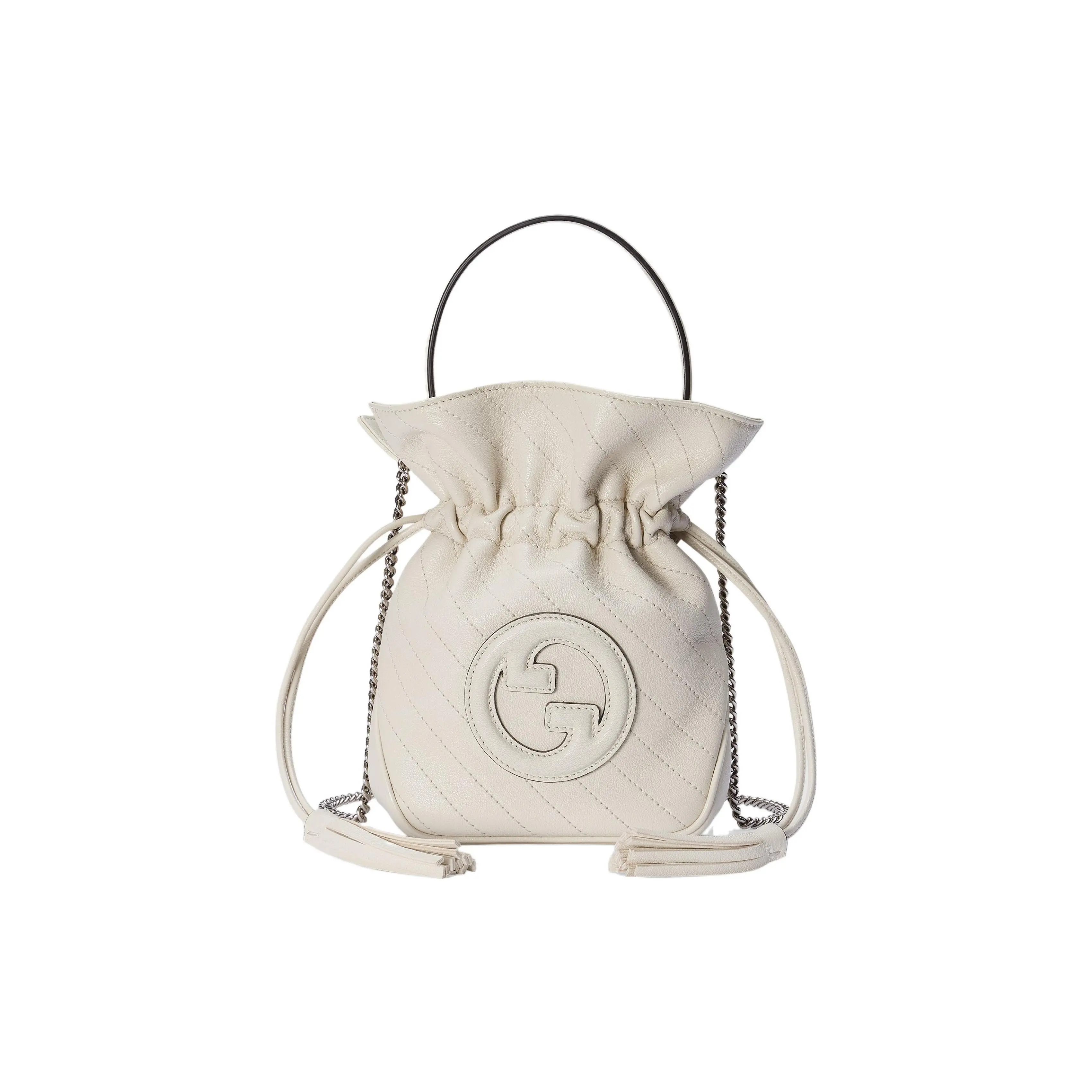 Gucci Blondie Detachable Chain-Strap Drawstring Tassel Leather Bucket Bag for Women, Mini, White