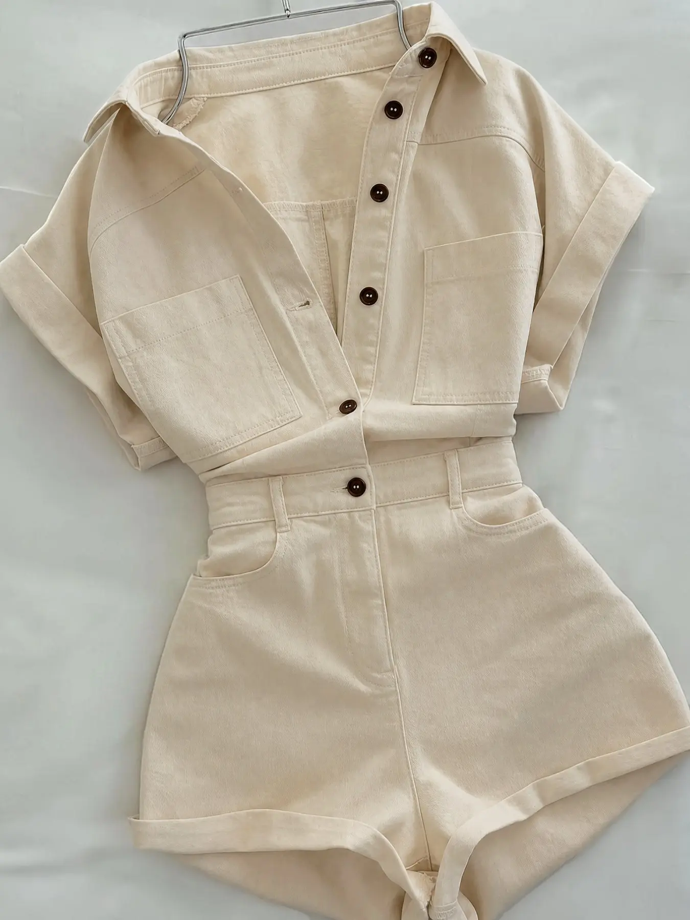 Women's Casual Workwear Jumpsuit, Multi-Pocket Short Sleeve Jumpsuit, Loose-Fitting Solid Color, All Seasons Fashion