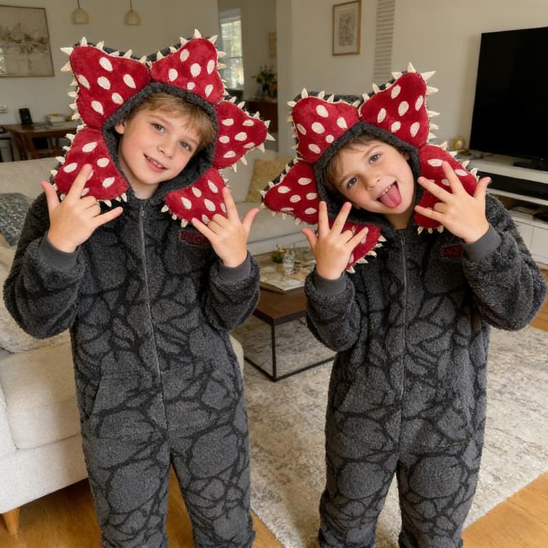 Stranger Things Demogorgon Onesie Fleece Fabric Cosplay Costume Pajamas Kids Adults Hooded Jumpsuit Christmas New Year Sleepwear for Boys and Gilrs Upside Pjs