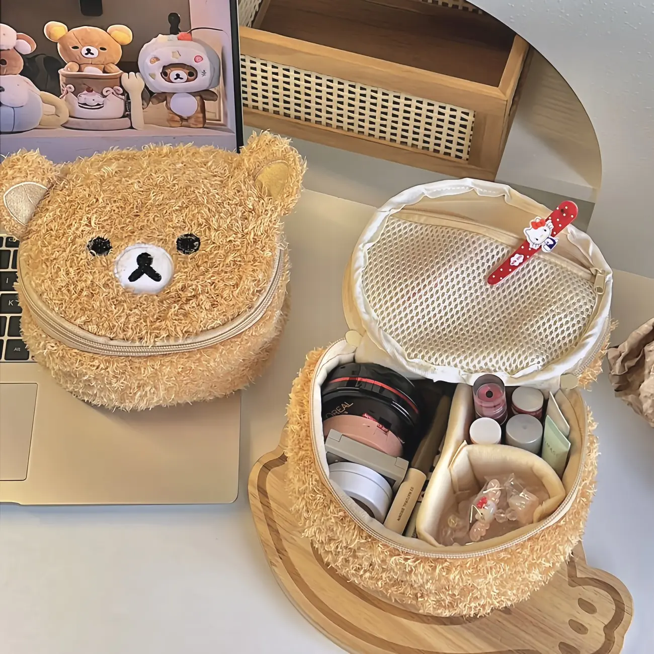 Women's Cute Plush Bear Makeup Bag, Portable Travel Bag with 3D Design, Embroidery, Grid Pockets, Large Capacity, Light, Small Makeup Bag