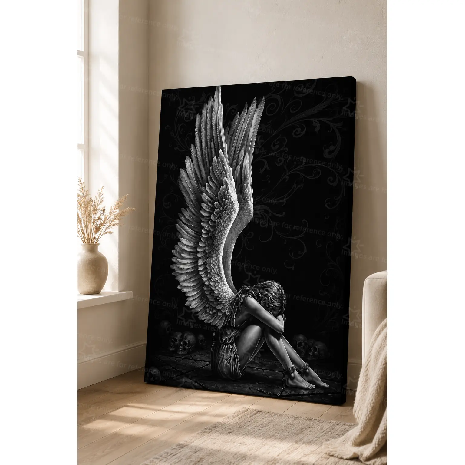 1pc Lightweight Monochrome Weeping Fallen Angel Poster - Large Wings, Skull, Dark Background Artistic Artwork, Gothic Melancholic Dark Cottagecore Lounge Decoration for Living Room, Bedroom, Home Decor, Gift
