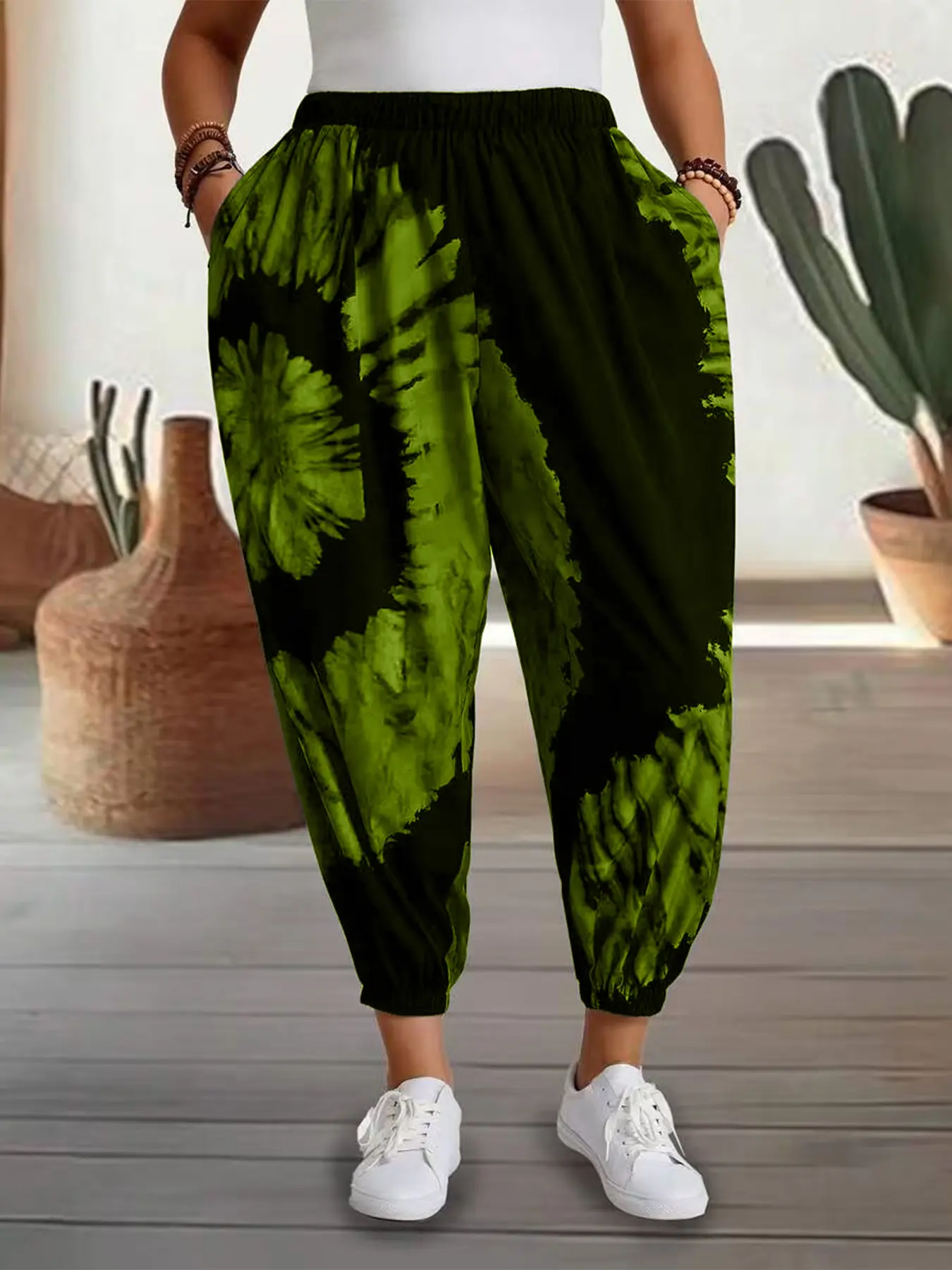 Boho Tie-Dye Harem Pants for Women, Plus-Size Fashion Loose-Fit Pocketed Cuffed Pants, Ladies' Casual Chic Summer Bottoms