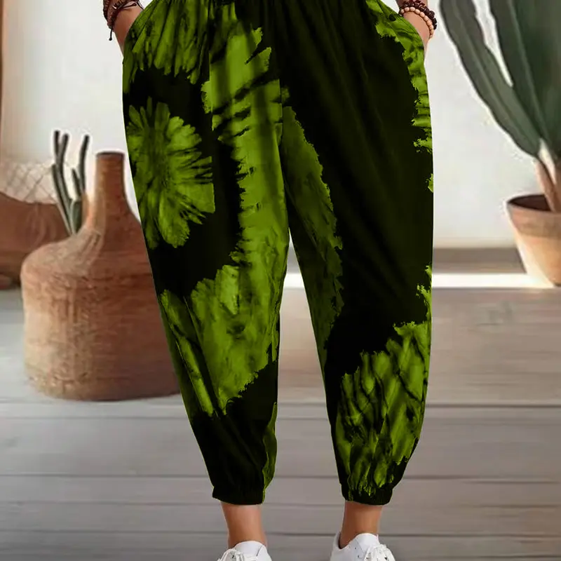 Boho Tie-Dye Harem Pants for Women, Plus Size Slimming Loose Fit Pocketed Cuffed Casual Pants, Summer Fashion Ladies' Bottoms, Bohemian Casual Bottoms