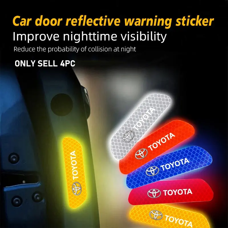 4Pcs Car Safety Warning Decal Night Reflective Mark Stickers For Toyota Corolla Camry Yaris Aygo Prius CHR Auris Avensis Land Cruiser Prado 4Runner Hilux Harrier Avalon Venza Fortuner Verso Sienna Mirai Car Accessories