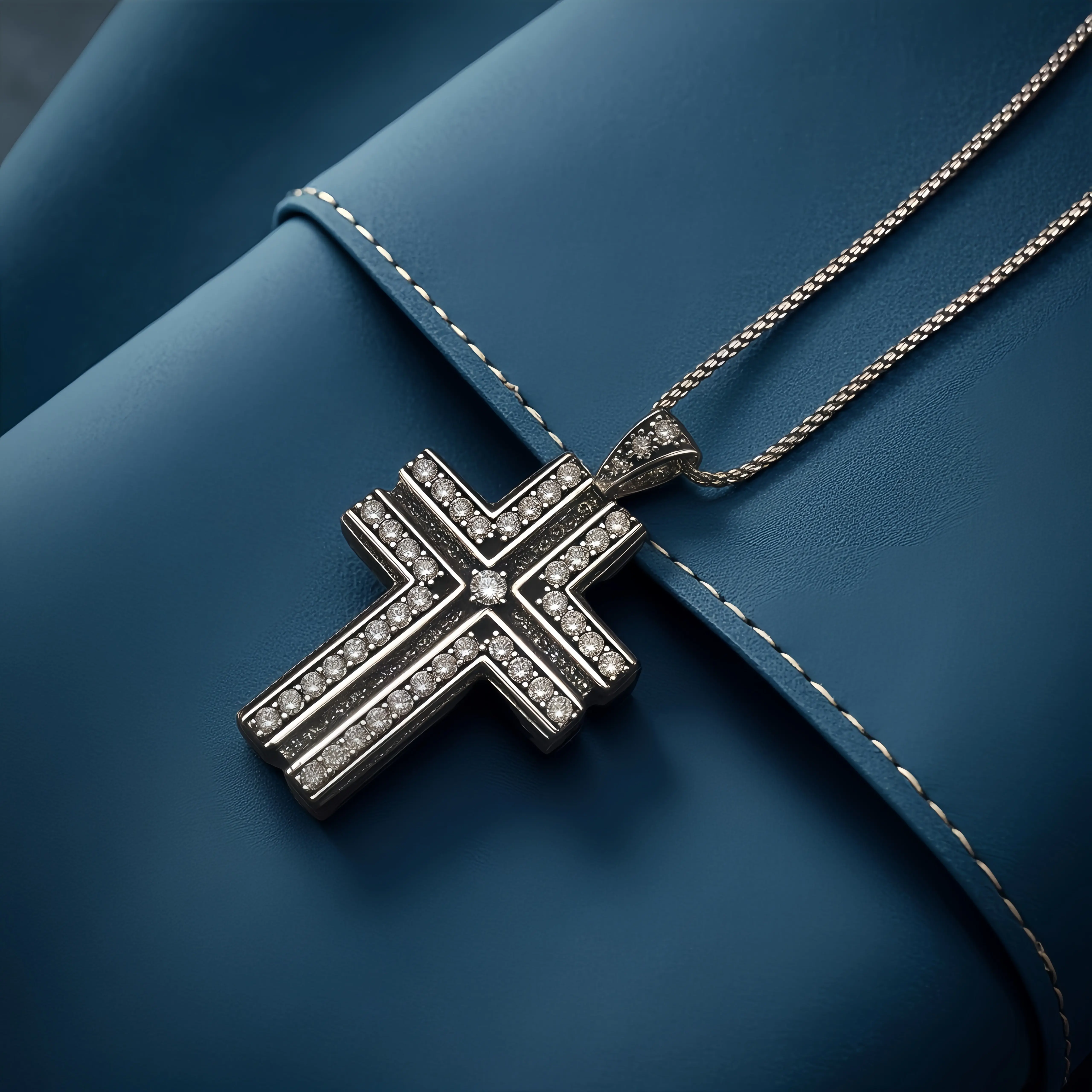 Men's Antique Black Double Layer Cross Necklace, Copper Base Gunmetal Plated Sparkling CZ Christian Faith Pendant Jewelry