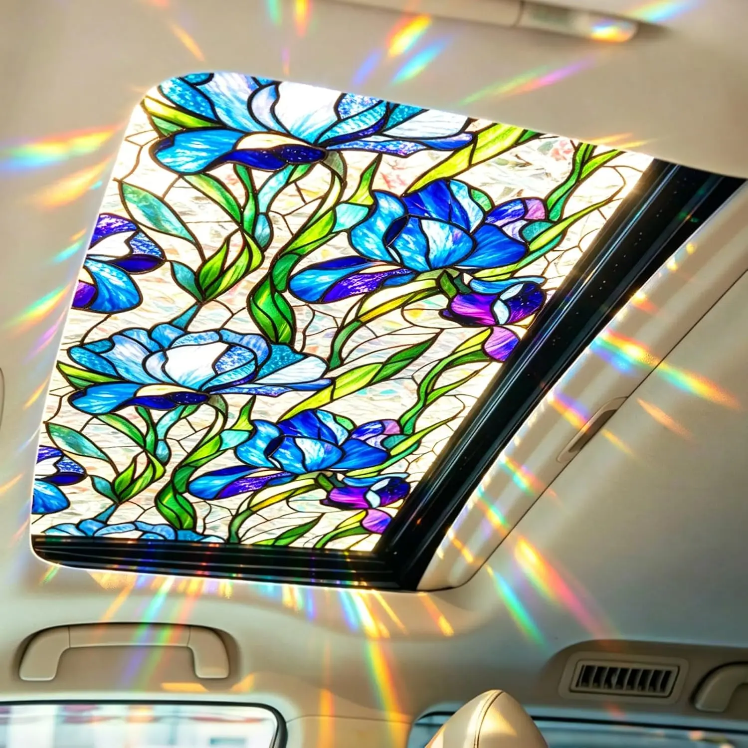 Sunroof Stained Glass Window Film, Static Cling Decorative  Film for Automotive Moonroof, Blue  Magnolia  Removable Static Cling Vinyl, 17 x 39 Inch