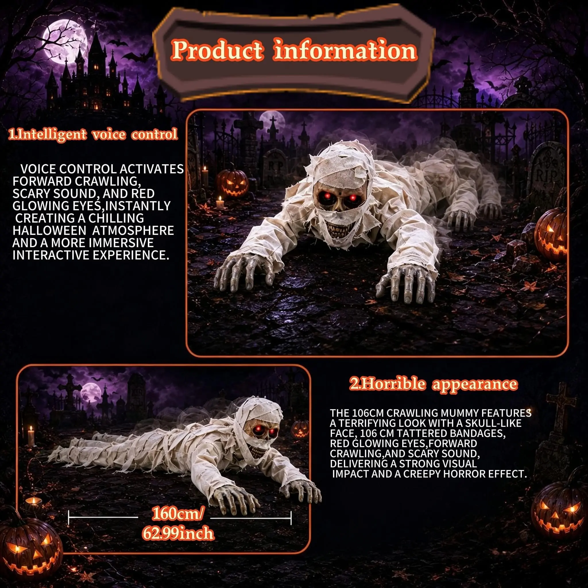 Halloween Crawling Mummy with Glowing Eyes, Terrifying Sounds, Scary, Voice-Controlled, Electric Crawling, Perfect for Halloween Decorations