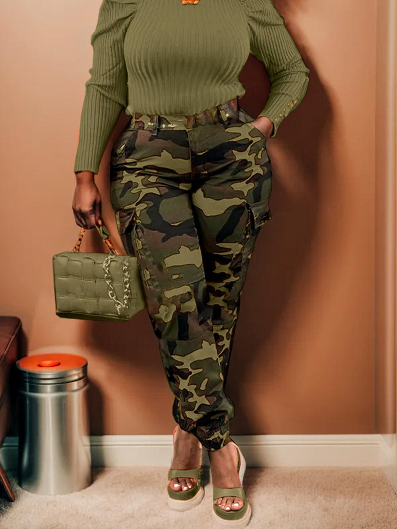 Women's Camo Print Camouflage Button Fly Cargo Pants, Casual Pocket Design Trousers for Daily Wear, Ladies Bottoms for Fall & Winter, Womenswear, Casual Fashion Trousers, Casual Comfy Stretch, Casual Chic Trousers
