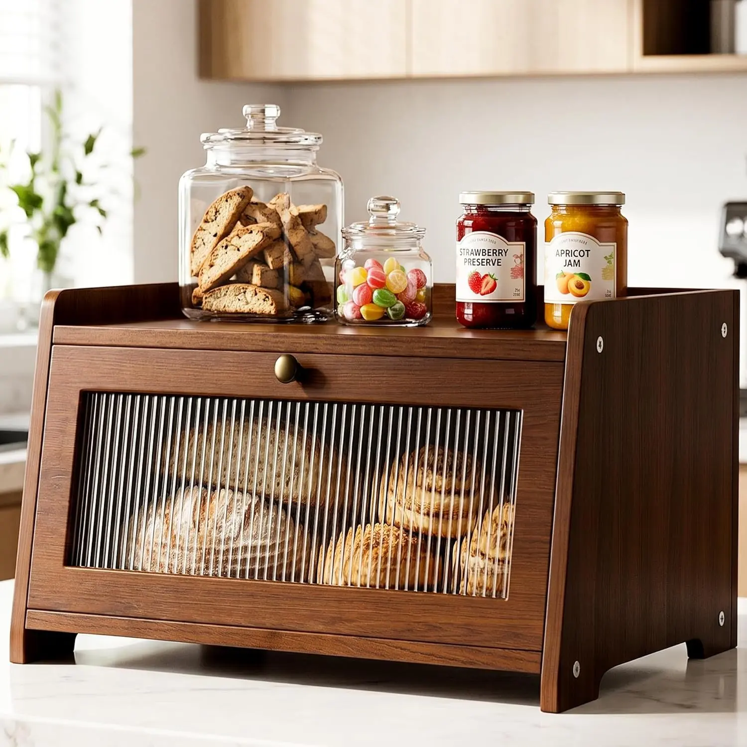 Wooden Bread Box for Kitchen Countertop with Clear Acrylic View Window | Farmhouse, Antique, Vintage Bread Boxes, Small Breadbox for Homemade Bread (BROWN)