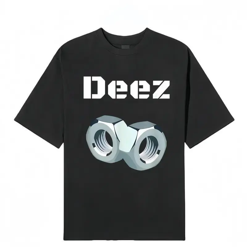 Men's Cotton Short-Sleeve Round Neck Black Vintage "Deez" Geometric Tshirt - Loose Stretch Streetwear Top with 3D Nut Print, Funny Graphic Unisex Casual Summer Outdoor Fashion Apparel
