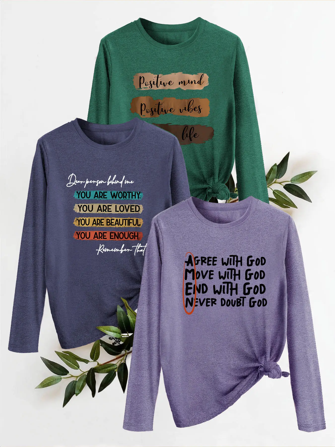 3Pcs Faith Positive Long Sleeve Tee, Inspirational Block Cursive Text Print, soft office layering top