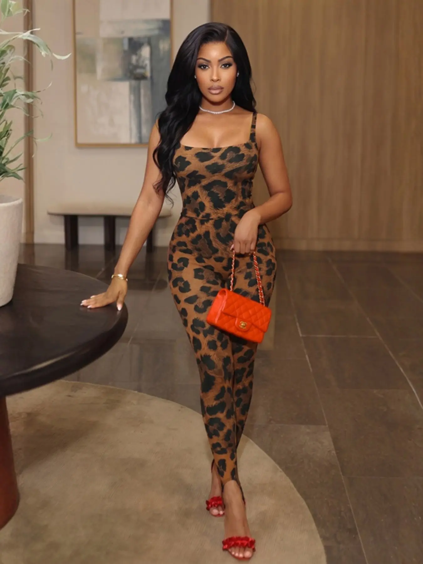 Women's Vintage Leopard Print Two-Piece Matching Home Set, Square Neck Thin Strap Bodysuit and Footed Tight Pants, Casual Yoga