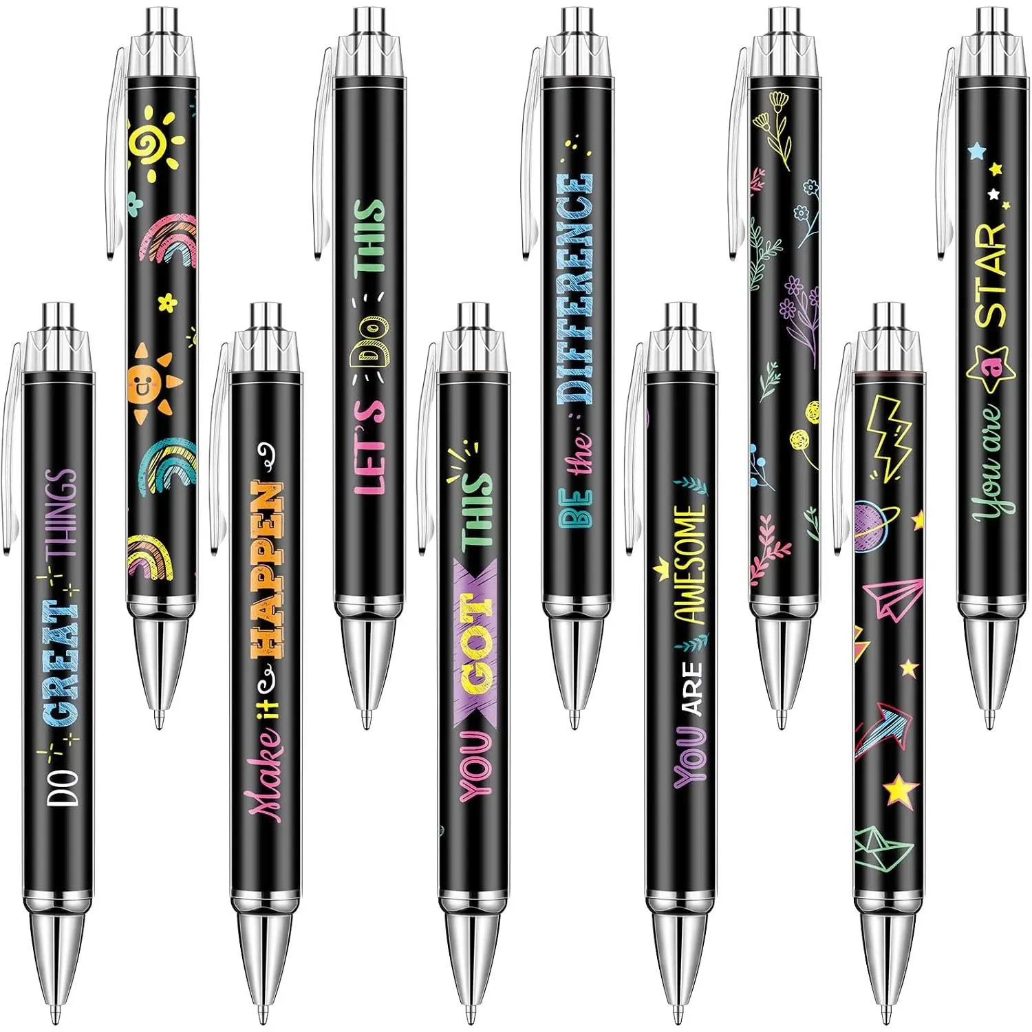 10-Count Motivation Ballpoint Pens - Retractable, Funny Cute, Black Ink Writing, Stylus-Tip, Multiple Styles with Printed Quotes, Office Stationery Supplies