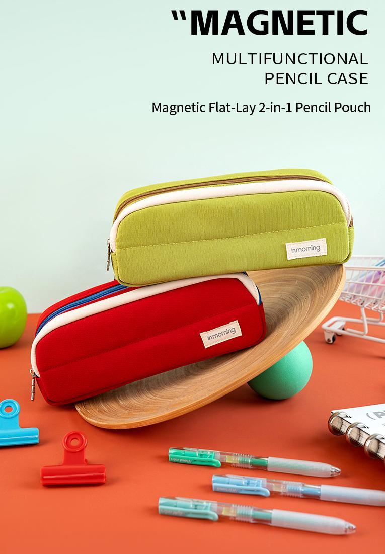 2 solid colour patchwork pencil cases with stain resistant lining, stand up design in solid colours, made canvas, large capacity, minimalist style, convenient DIY organisation, pencil stationery case