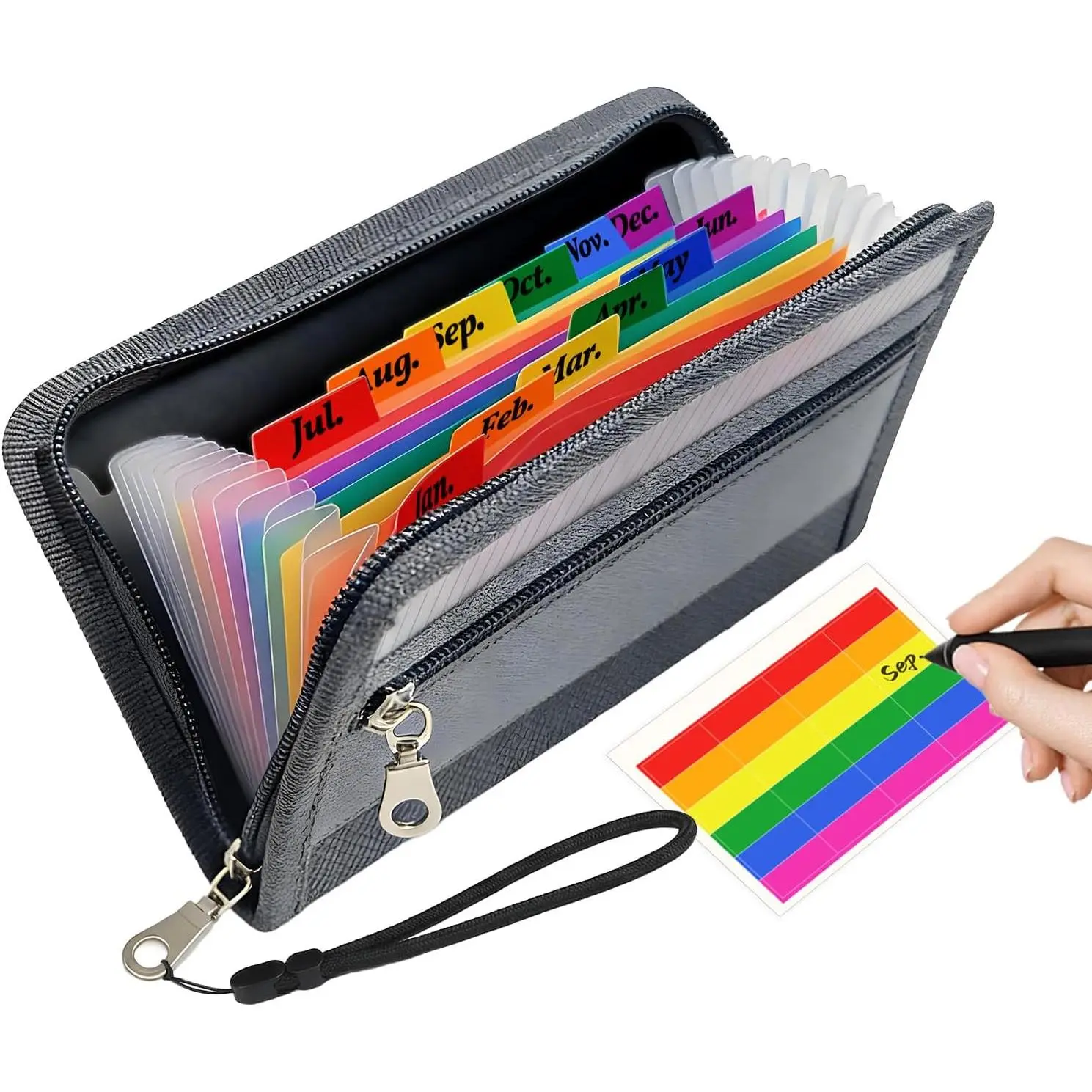 Portable Receipt Organizer &  Holder, 12 Pockets Accordion Expanding File with Adjustable Wrist Strap, Zipper Closure Budget Organizer for Bills & Expense