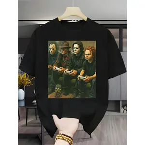 Halloween character video game pattern men's casual short-sleeve round-neck T-shirt, outdoor breathable casual T-shirt, high-end printed round-neck micro-elastic T-shirt, easy-care versatile top, suitable for Easter and Halloween