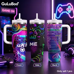 Neon Gamer Nutrition Facts Vacuum Flasks 40oz Stainless Steel Tumbler with Handle & Straw – Vacuum Insulated Travel Mug, Keeps Drinks Cold Up to 24H, Leak-Resistant Cup for Iced Coffee, Water, Gym, Office & Travel