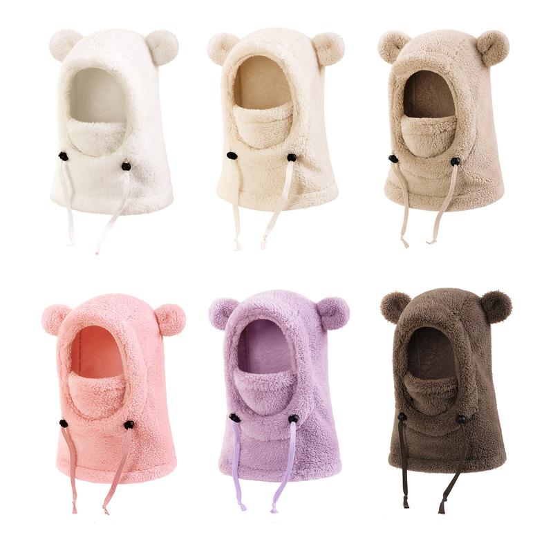 Kids Winter Cute Ear Warm Balaclava with Hood - Lightweight Windproof Face Mask for Outdoor Skiing & Cycling, Thickened Polyester, Adjustable Drawstring, Machine Washable, White with Black Accents