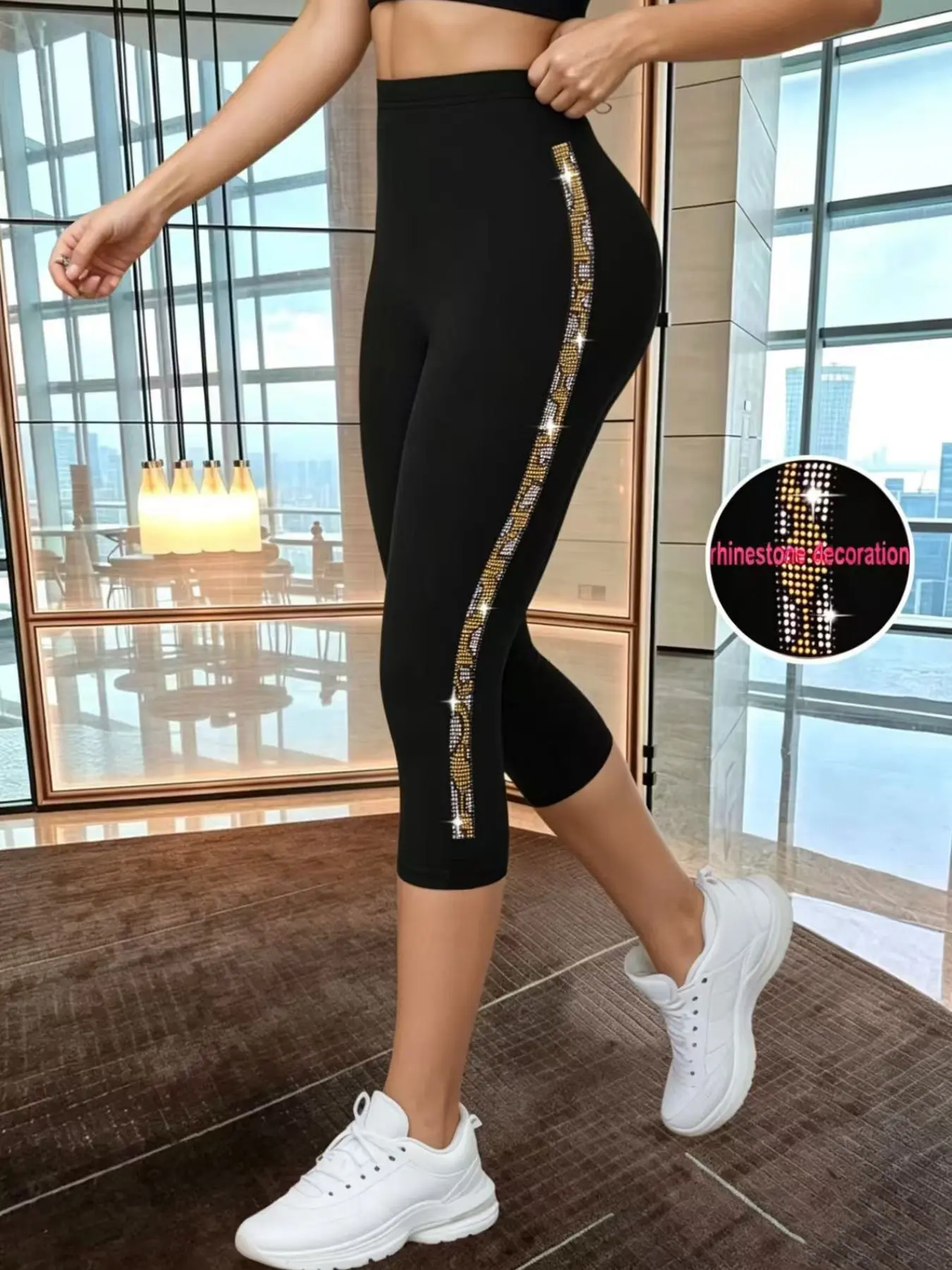 New Bestseller Patchwork Rhinestone Elastic Tight Seven-Quarter Pants, Festival Party, Outerwear, Versatile Soft Breathable Elegant Underwear