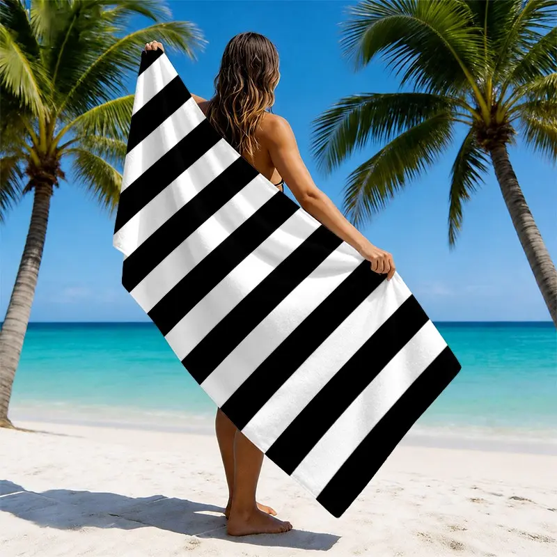 1pc Minimalist Stripe Beach Towel, Classic Black White Geometric Pattern Soft Absorbent Lightweight Quick Dry Towel for Beach, Pool, Travel, Camping and Outdoor Use, Stylish Summer Holiday Gift for Women, Men and Family