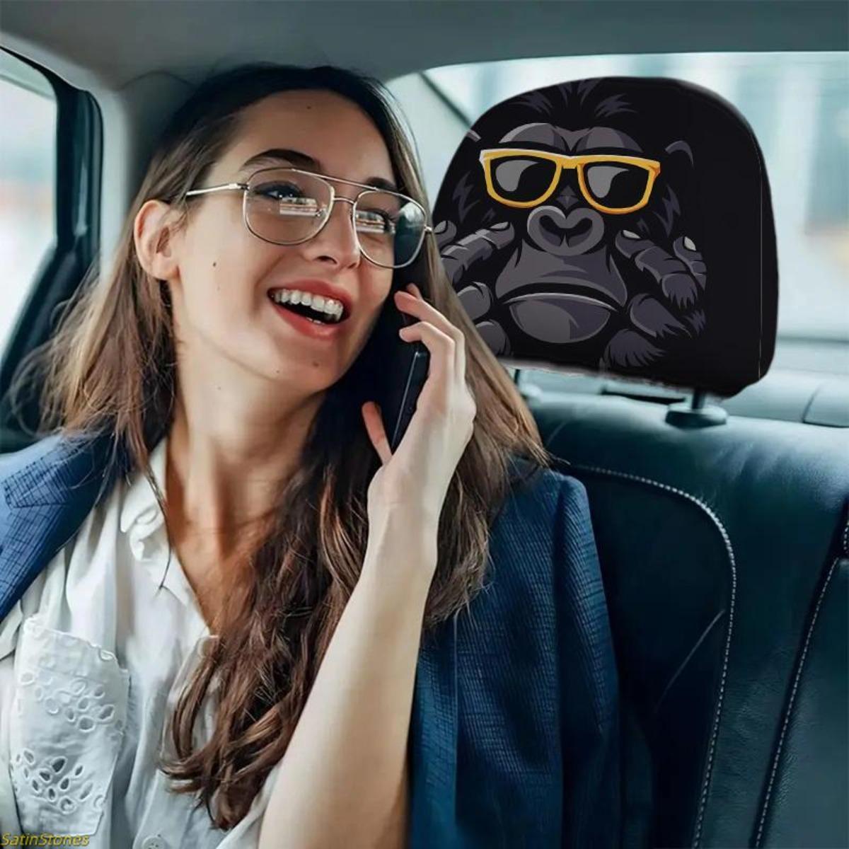 2 Pack Gorilla Headrest Covers with Stylish Eyeglasses, Gorilla and Sunglasses Design, Elastic Car Seat Protector, Truck Seat Cushion Protector, Easy to Install