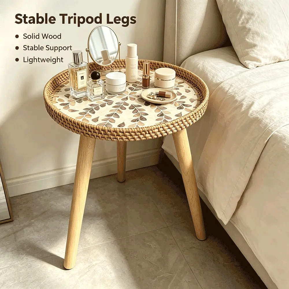 Boho Style Shell Woven Small Round Accent Side Table, Detachable Legs, Silent Feet Pads, Living Room Balcony Home Storage Tea Table